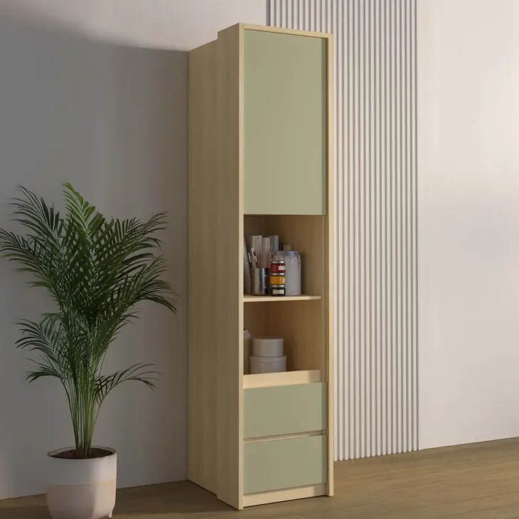 Libreria a colonna 45x215h cm 1 anta 2 ripiani 2 cassetti verde salvia rovere Elvira