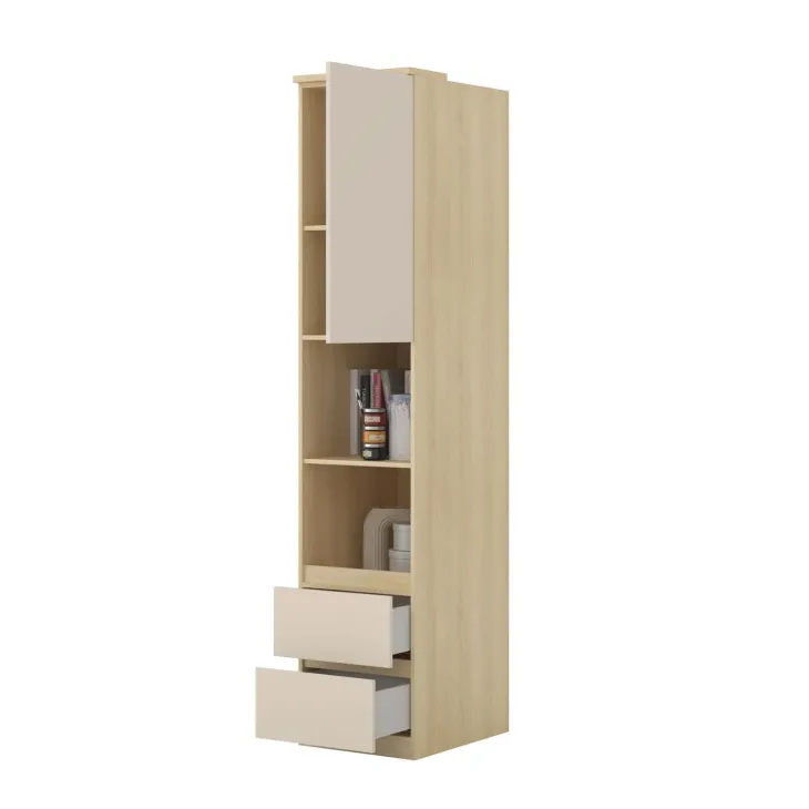 Libreria a colonna 45x215h cm 1 anta 2 ripiani 2 cassetti beige cashmere rovere Elvira