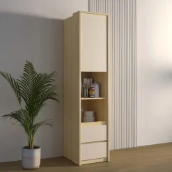 Libreria a colonna 45x215h cm 1 anta 2 ripiani 2 cassetti beige cashmere rovere Elvira