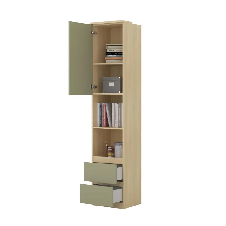 Libreria a colonna 45x215h cm 1 anta 2 vani a vista 2 cassetti verde salvia rovere Elvira