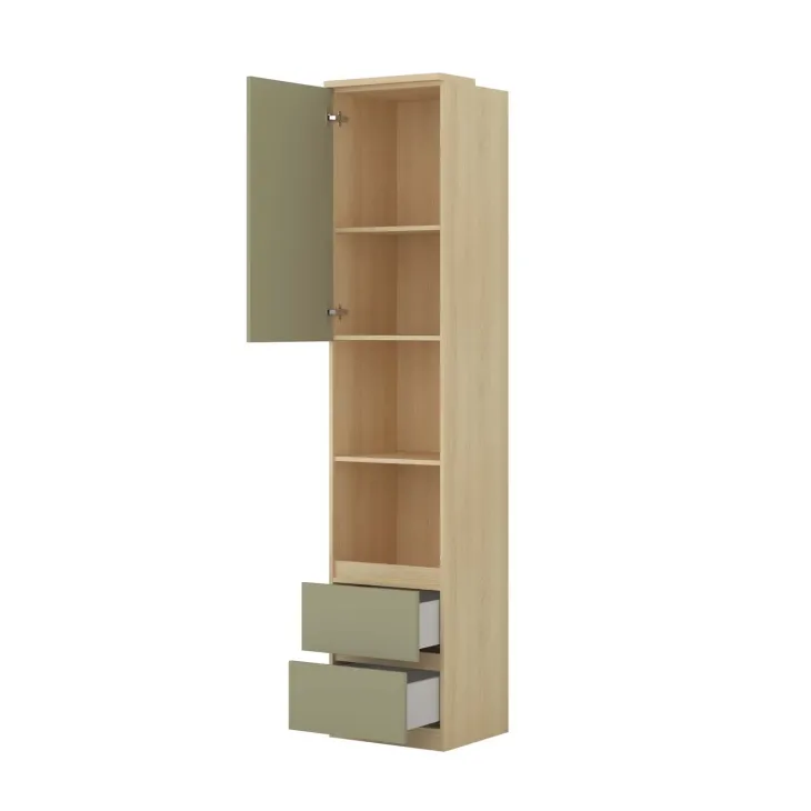 Libreria a colonna 45x215h cm 1 anta 2 vani a vista 2 cassetti verde salvia rovere Elvira
