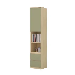 Libreria a colonna 45x215h cm 1 anta 2 vani a vista 2 cassetti verde salvia rovere Elvira
