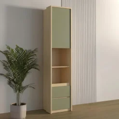 Libreria a colonna 45x215h cm 1 anta 2 vani a vista 2 cassetti verde salvia rovere Elvira