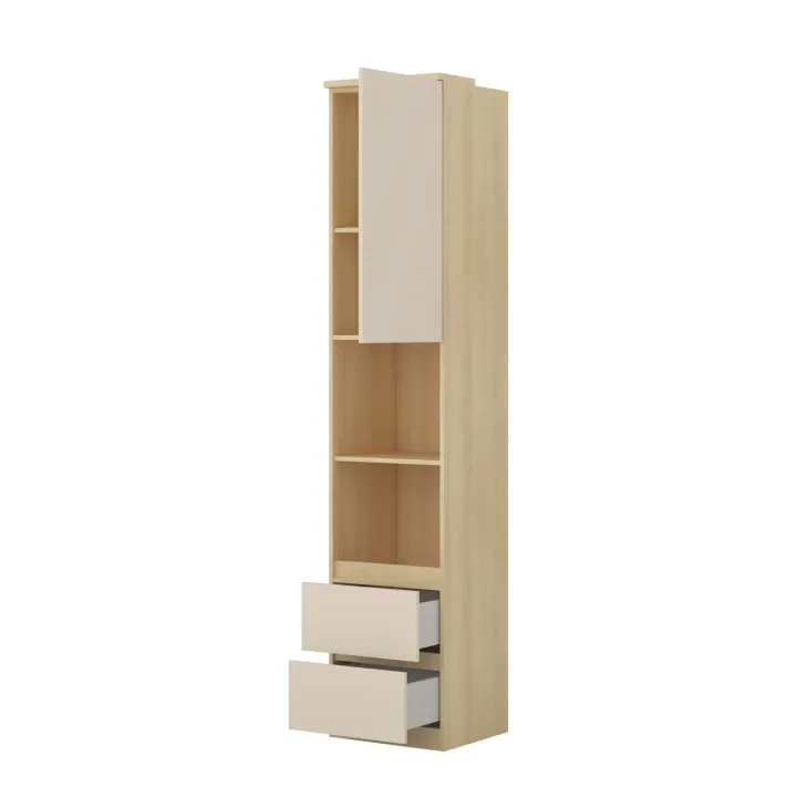 Libreria a colonna 45x215h cm 1 anta 2 vani a vista 2 cassetti beige cashmere rovere Elvira