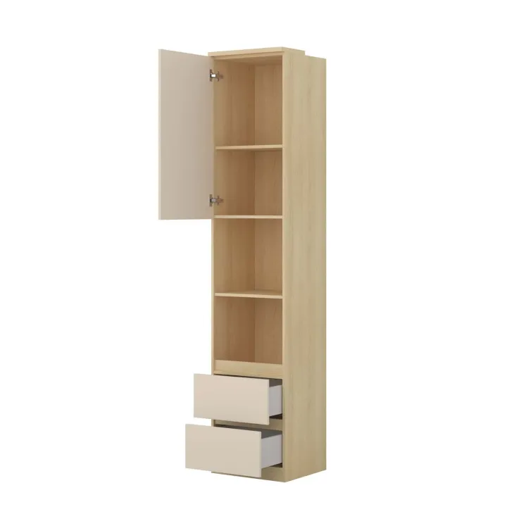 Libreria a colonna 45x215h cm 1 anta 2 vani a vista 2 cassetti beige cashmere rovere Elvira