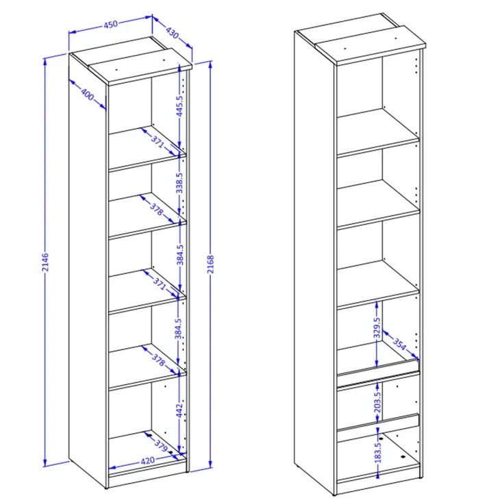 Libreria a colonna 45x215h cm con 5 vani rovere Elvira