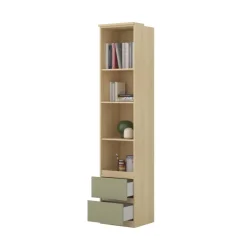 Libreria a colonna 45x215h cm 4 vani a vista 2 cassetti verde salvia rovere Elvira