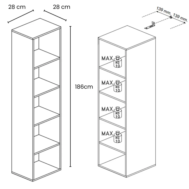 Libreria colonna 28x186h cm con 4 ripiani tortora Sunset