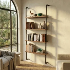 Libreria da parete 76x151h cm con 4 ripiani industrial noce metallo nero Bering