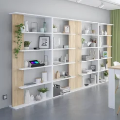 Libreria da parete 360x180h cm moderna soggiorno rovere bianco Aline