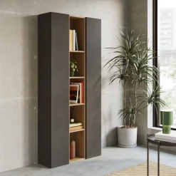 Libreria moderna 84x186h cm 2 ante ossido nero rovere chiaro Sunset 1005