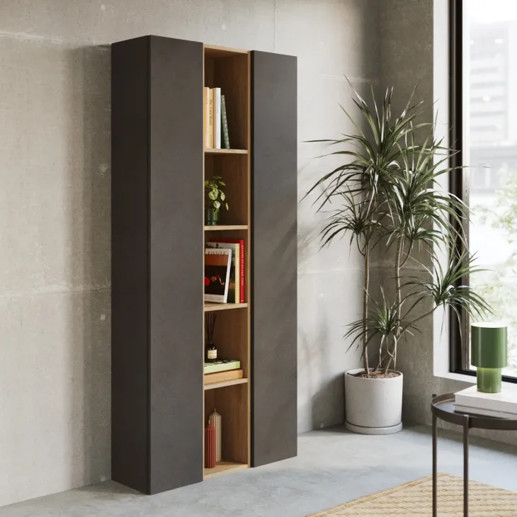 Libreria moderna 84x186h cm 2 ante ossido nero rovere chiaro Sunset 1005
