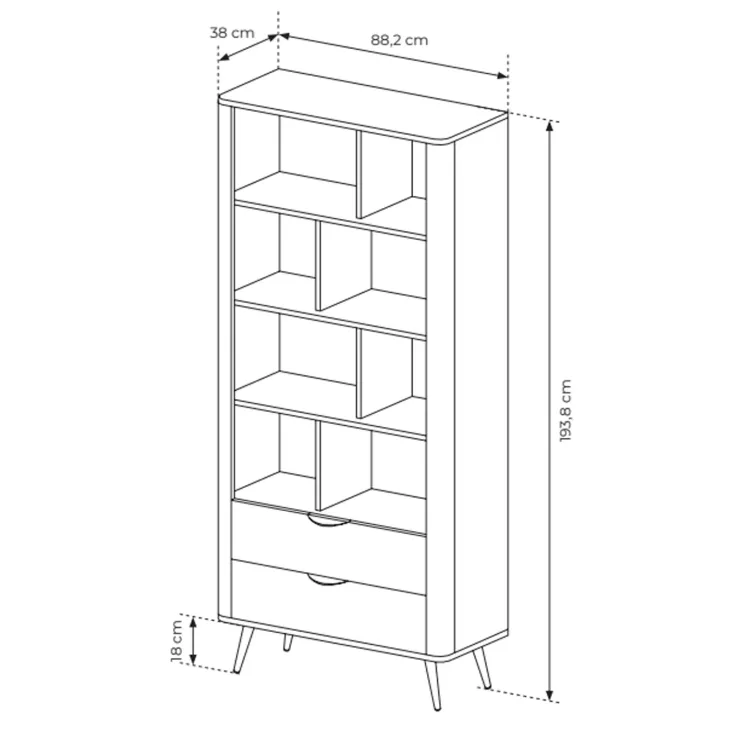 Libreria 88x194h cm 2 cassetti 8 ripiani a vista soggiorno wengè nero Vesper