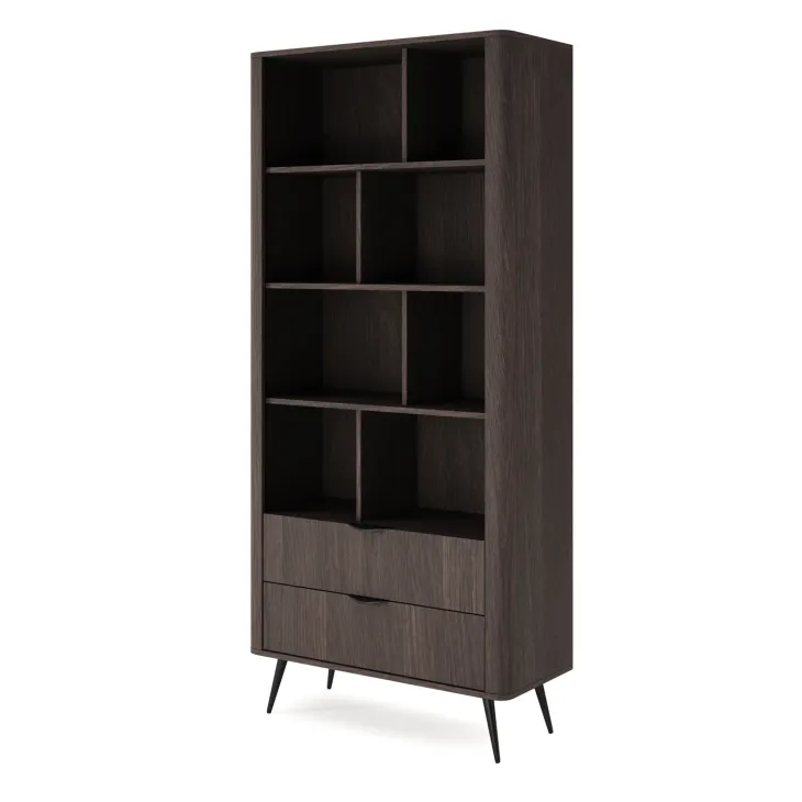 Libreria 88x194h cm 2 cassetti 8 ripiani a vista soggiorno wengè nero Vesper