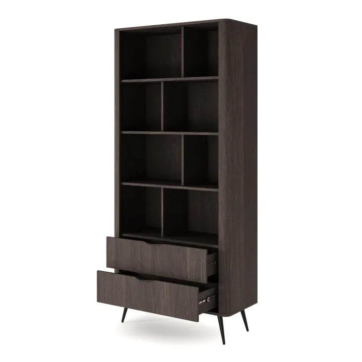 Libreria 88x194h cm 2 cassetti 8 ripiani a vista soggiorno wengè nero Vesper