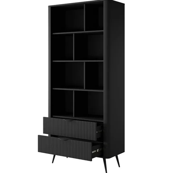 Libreria 88x194h cm 2 cassetti 8 vani a giorno nero opaco cannettato Ramis