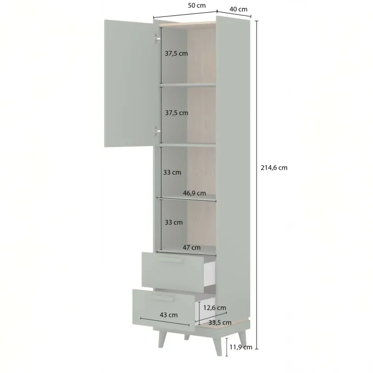 Libreria 50x215h cm 2 cassetti 2 vani a giorno verde salvia Yu