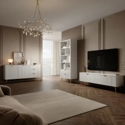 Libreria 88x194h cm 2 cassetti 8 vani a giorno bianco opaco cannettato Ramis