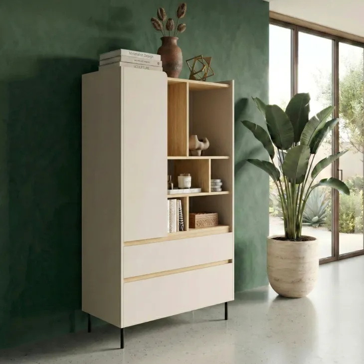 Libreria 80x165h cm con 1 anta 2 cassetti e 6 vani a vista beige cashmere rovere chiaro Linfa
