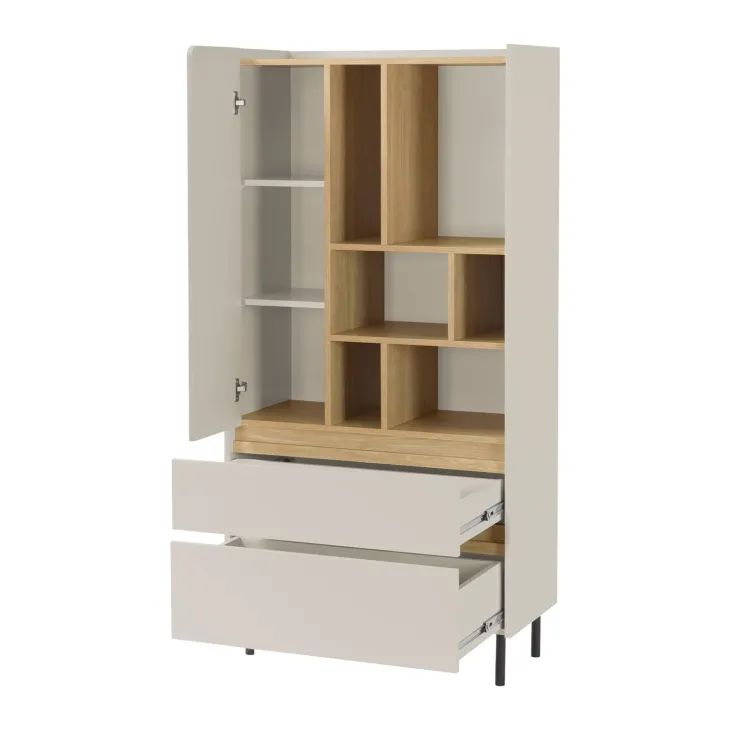 Libreria 80x165h cm con 1 anta 2 cassetti e 6 vani a vista beige cashmere rovere chiaro Linfa
