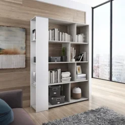 Libreria 129x174h cm design bianco frassinato cemento Coleman