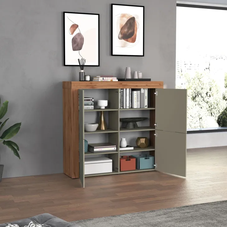 Madia alta moderna 140x130h cm tortora rovere Block