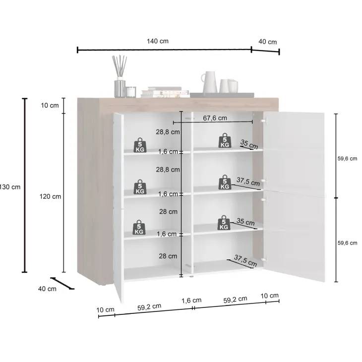 Madia alta moderna 140x130h cm tortora rovere Block