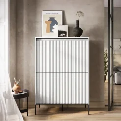 Madia alta 98x140h cm 4 ante con led cannettato bianco opaco nero Camelia