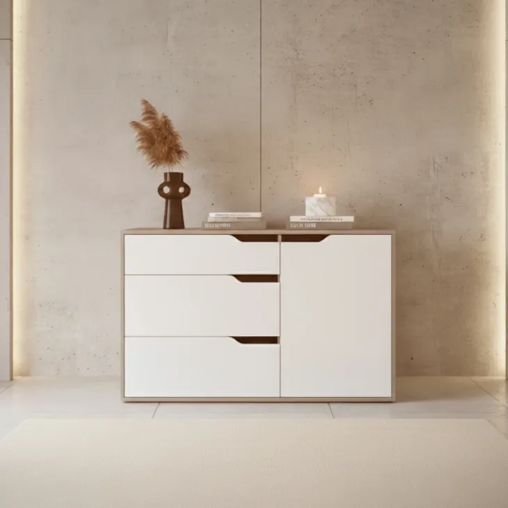 Madia moderna 120x71h cm 1 anta 3 cassetti rovere bianco Misty