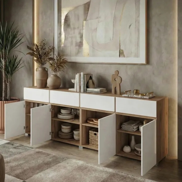 Madia moderna 225x78h cm 4 ante 4 cassetti bianco rovere Lolla