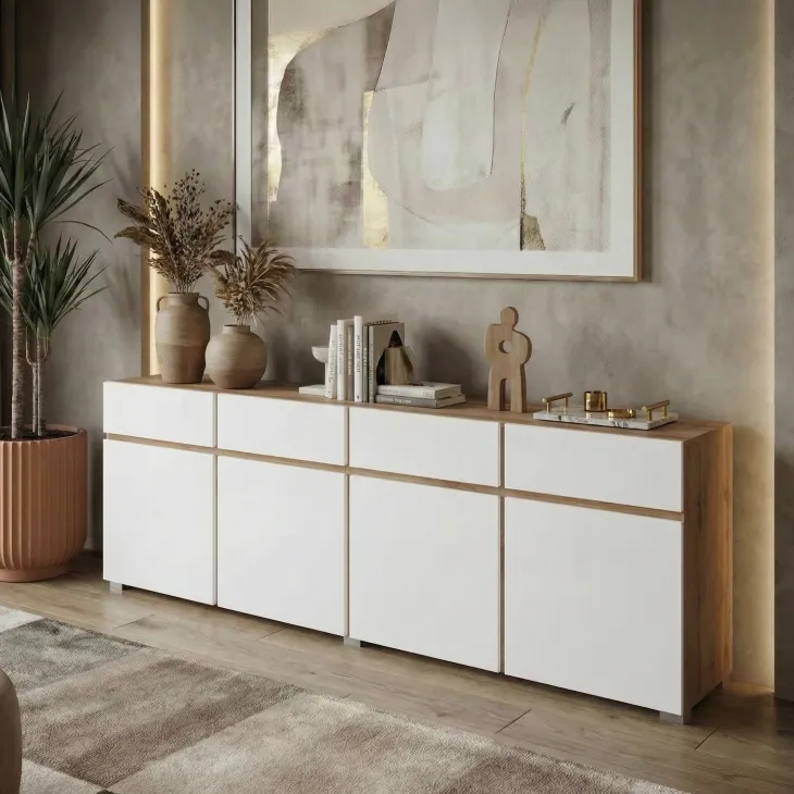 Madia moderna 225x78h cm 4 ante 4 cassetti bianco rovere Lolla