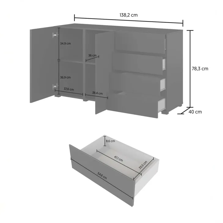 Madia moderna 138x78h cm 2 ante 4 cassetti nero Edge