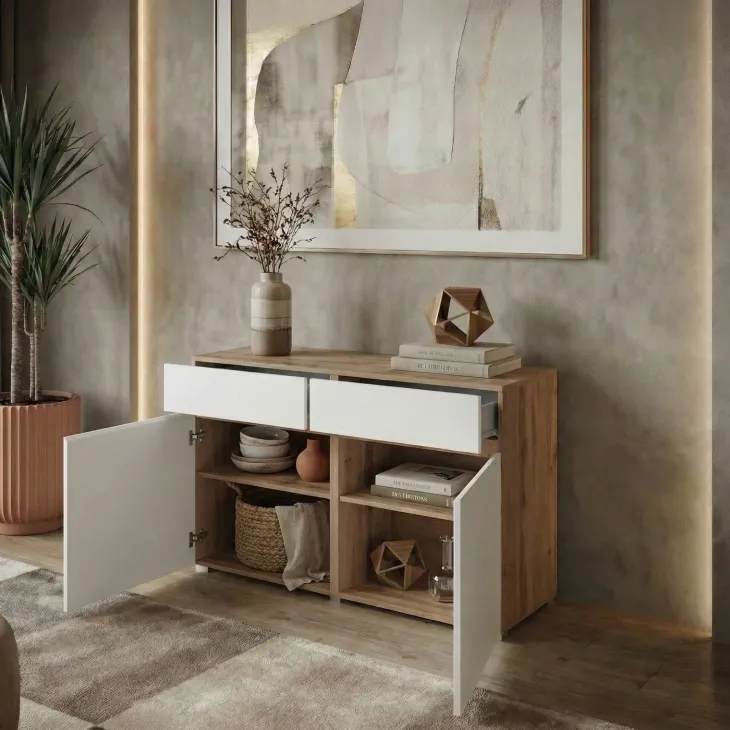 Madia moderna 120x78h cm 2 ante 2 cassetti bianco rovere Lolla