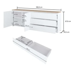 Madia moderna 200x68h cm 2 ante 3 cassetti bianco rovere Ischia