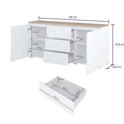 Madia moderna 150x68h cm 2 ante 3 cassetti bianco rovere Ischia