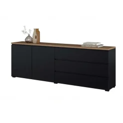 Madia moderna 200x68h cm 2 ante 3 cassetti nero rovere Ischia