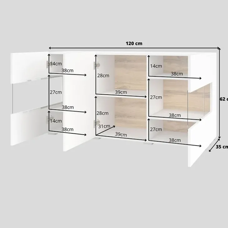 Madia moderna 120x62h cm 3 ante con vetrine bianco rovere Fusion