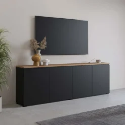 Madia moderna 200x68h cm 4 ante nero rovere Ischia