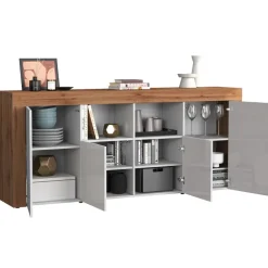 Madia moderna 200x85h cm bianco lucido rovere Block