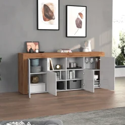 Madia moderna 200x85h cm bianco lucido rovere Block