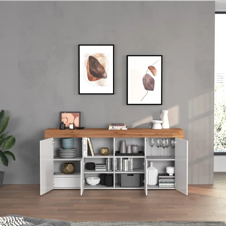 Madia moderna 200x85h cm bianco lucido rovere Block