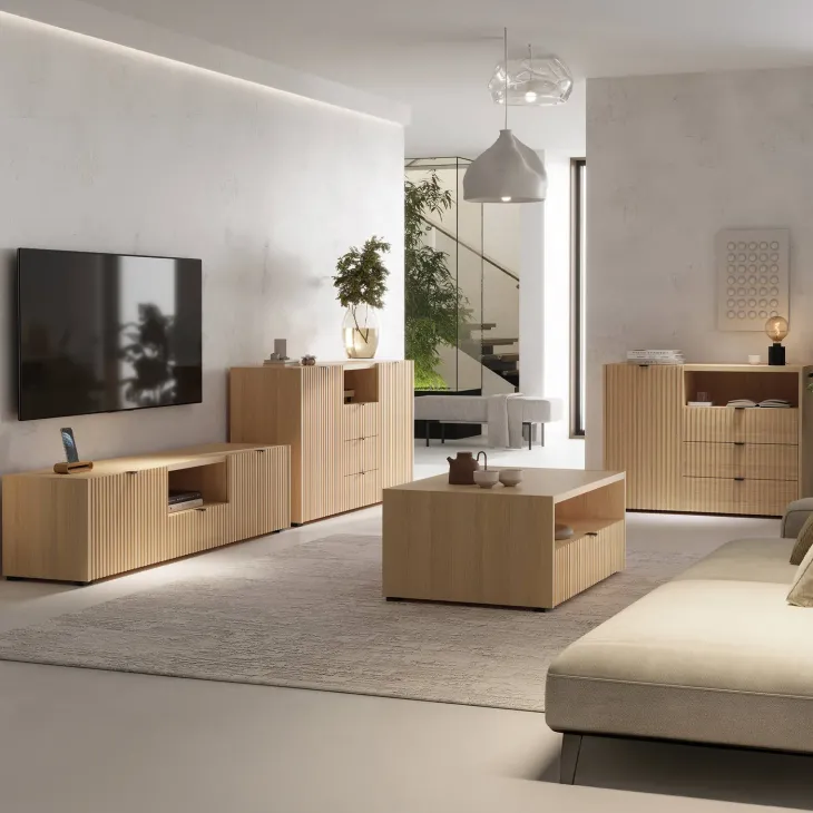 Madia moderna 150x80h cm cannettato 2 ante 3 cassetti rovere Sally