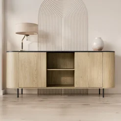 Madia moderna 184x75h cm 2 vani rovere effetto marmo nero Roundi