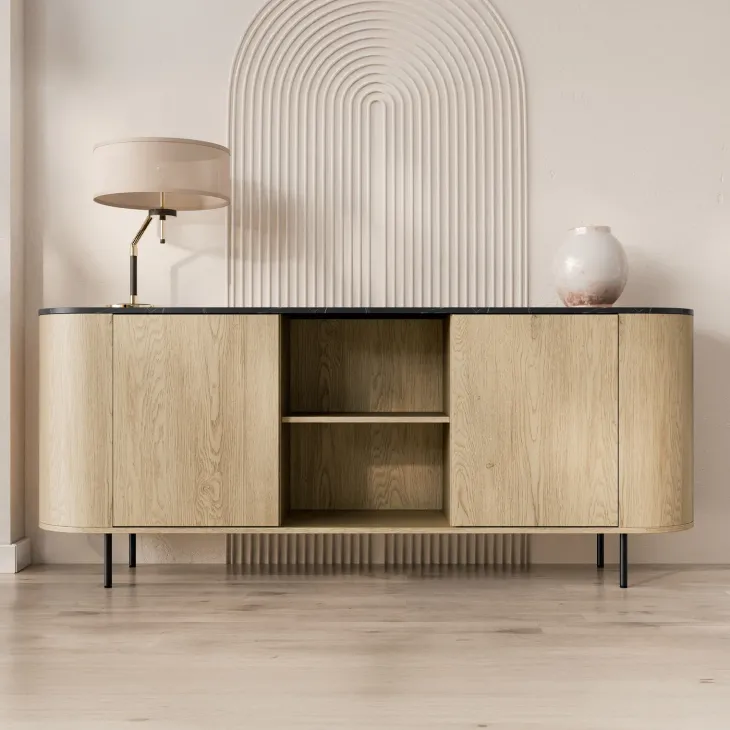 Madia moderna 184x75h cm 2 vani rovere effetto marmo nero Roundi