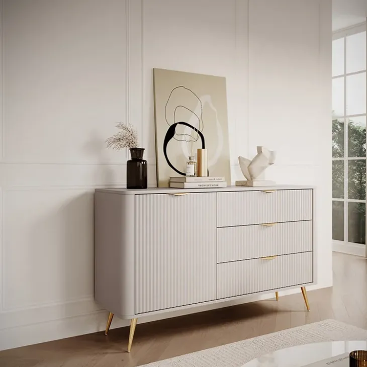 Madia 138x81h cm 1 anta 3 cassetti beige cannettato Ramis