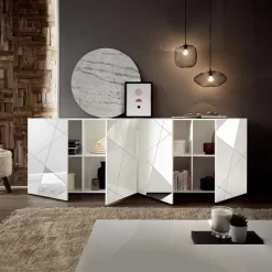 Madia 241x84h cm 4 ante bianco lucido con specchio e serigrafia Olimpo
