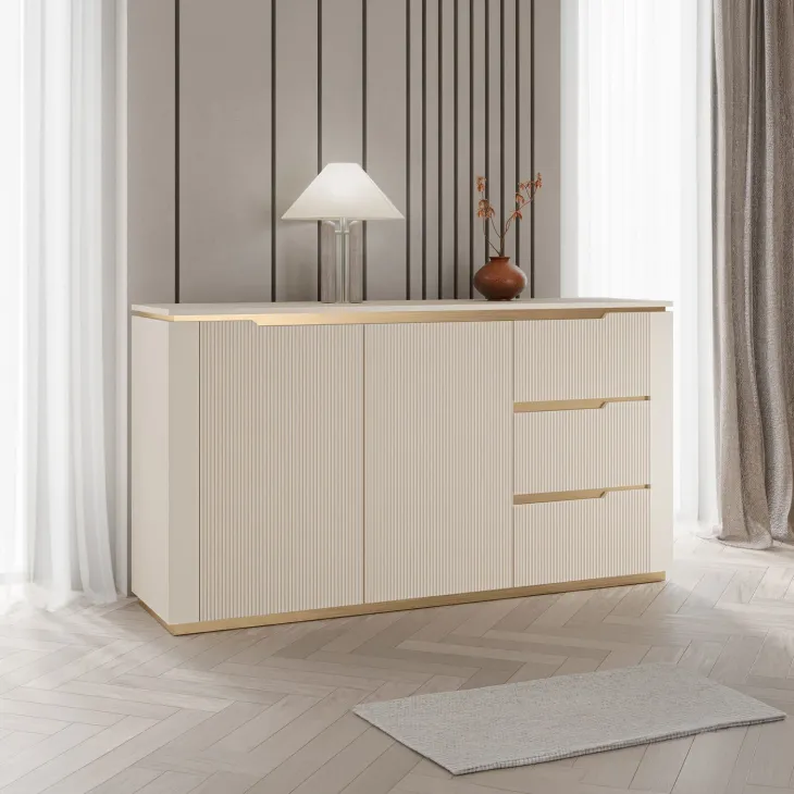 Madia 153x84h cm 2 ante 3 cassetti cannettato beige cashmere oro Gatsby