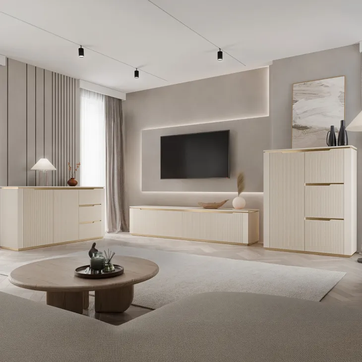 Madia 153x84h cm 2 ante 3 cassetti cannettato beige cashmere oro Gatsby