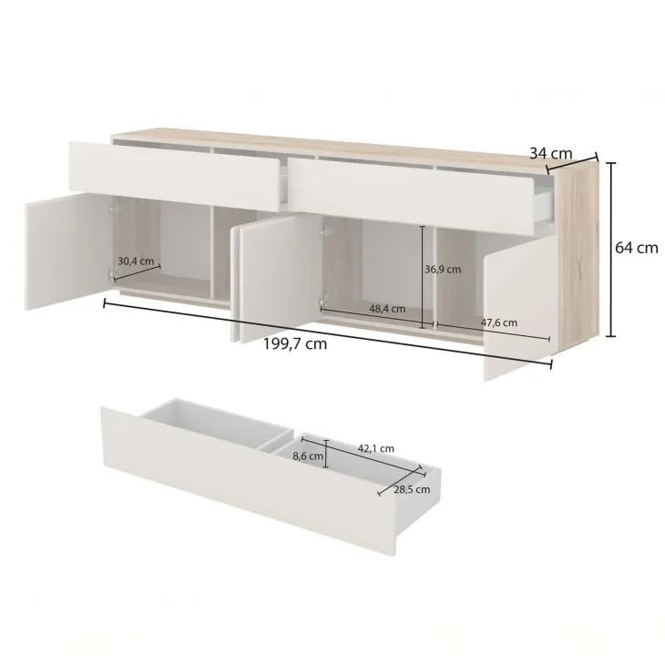 Madia 200x64h cm 4 ante 2 cassetti cashmere rovere Delia