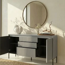 Madia 166x83h cm 2 ante 3 cassetti con led cannettato grigio nero Camelia